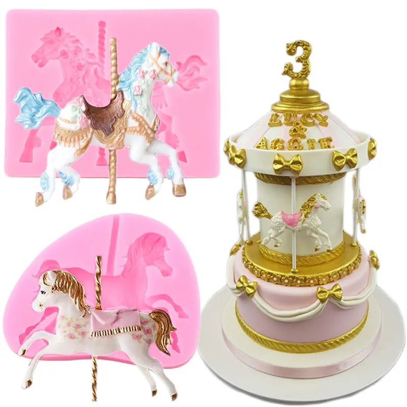 Carousel Horse Silicone Mold Baby Birthday Fondant Cake Decorating Tools Cookie Candy Chocolate Gumpaste Mould Soap Resin Moulds