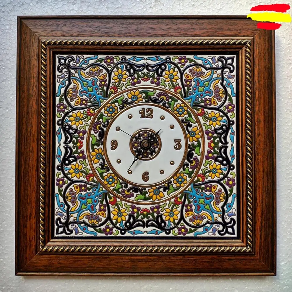 Wall Clock with 40 cm/16 inch wooden frame-Spanish-enamelled ceramic made to mane-oro 24 k-Home & Decoration