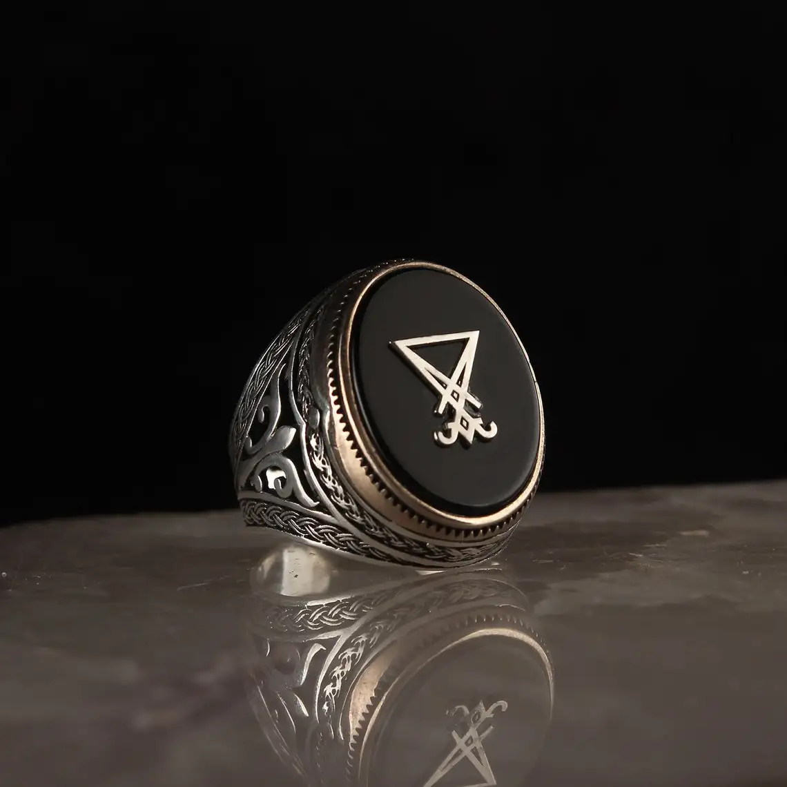 925 Sterling Silver Mens Ring Onyx Stone Sigil of Lucifer Devil Seal of Satan Ring