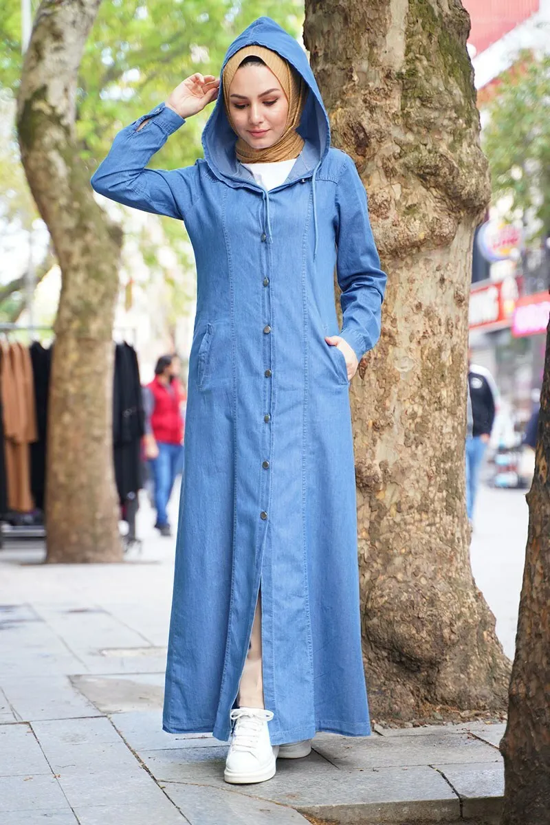 Hooded-Through-Button Denim Blue ABAYA Dark Button Arched Handle Denim Dress Dark Blue muslim long dress for women Dubai turkish