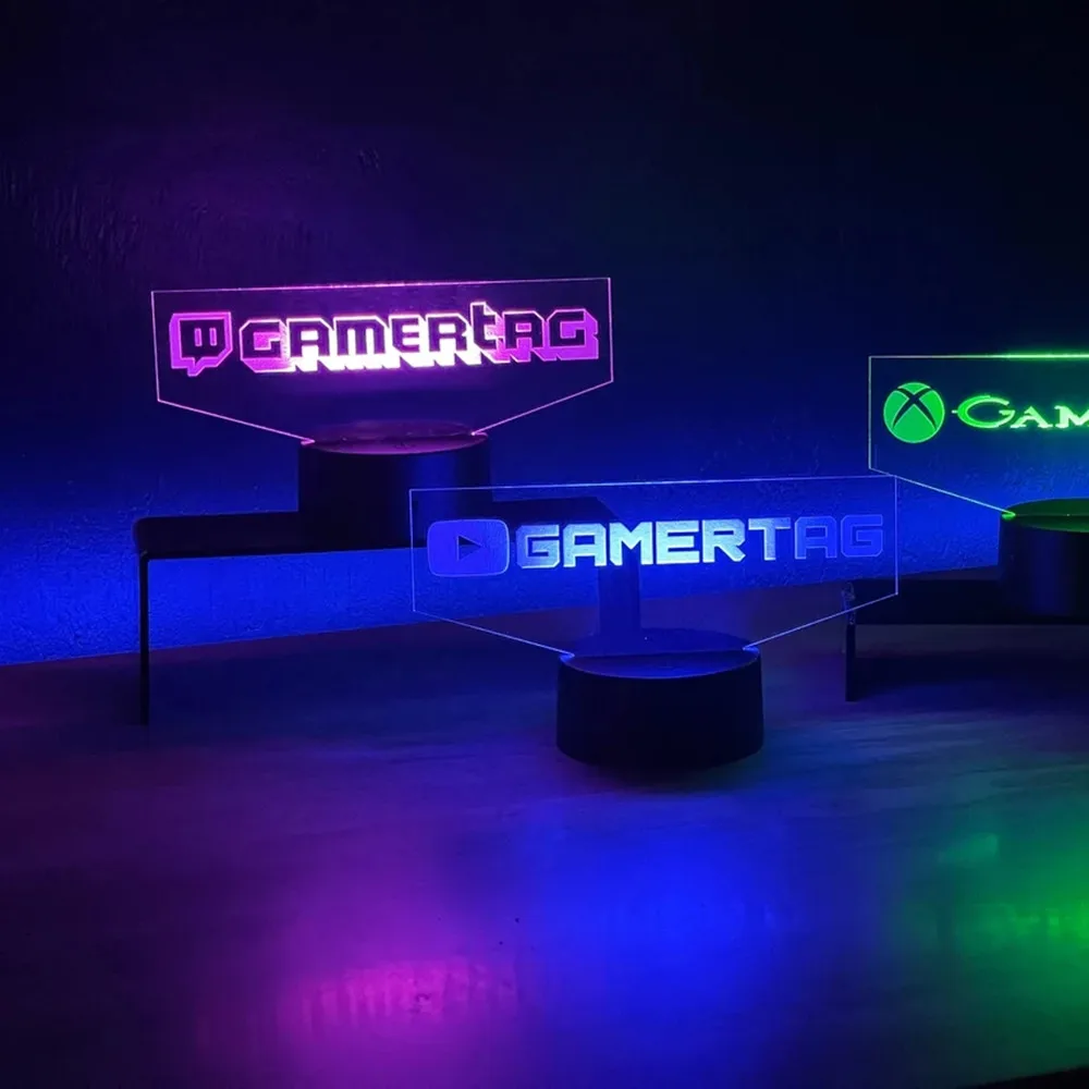 Etiqueta de Gamer personalizada, luz nocturna LED 3D para Twitch, grabado láser, nombre de usuario personalizado, lámpara de letrero de neón para