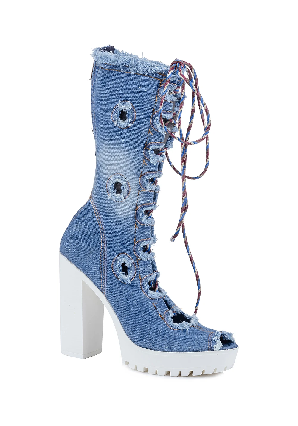 Jeans artesanal azul denim botas laço-up, sapatilhas femininas bordadas, salto alto curto denim botas/sexy rasgado denim botas