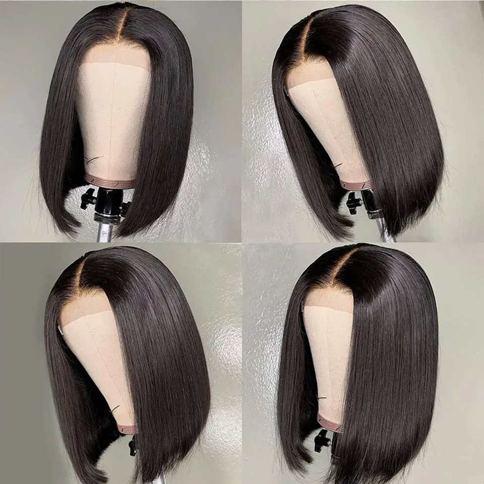 Perruque Bob Lace Closure wig Remy brésilienne naturelle, cheveux courts lisses, 4x4, pre-plucked, Swiss Lace, densité 150%, pour femmes africaines