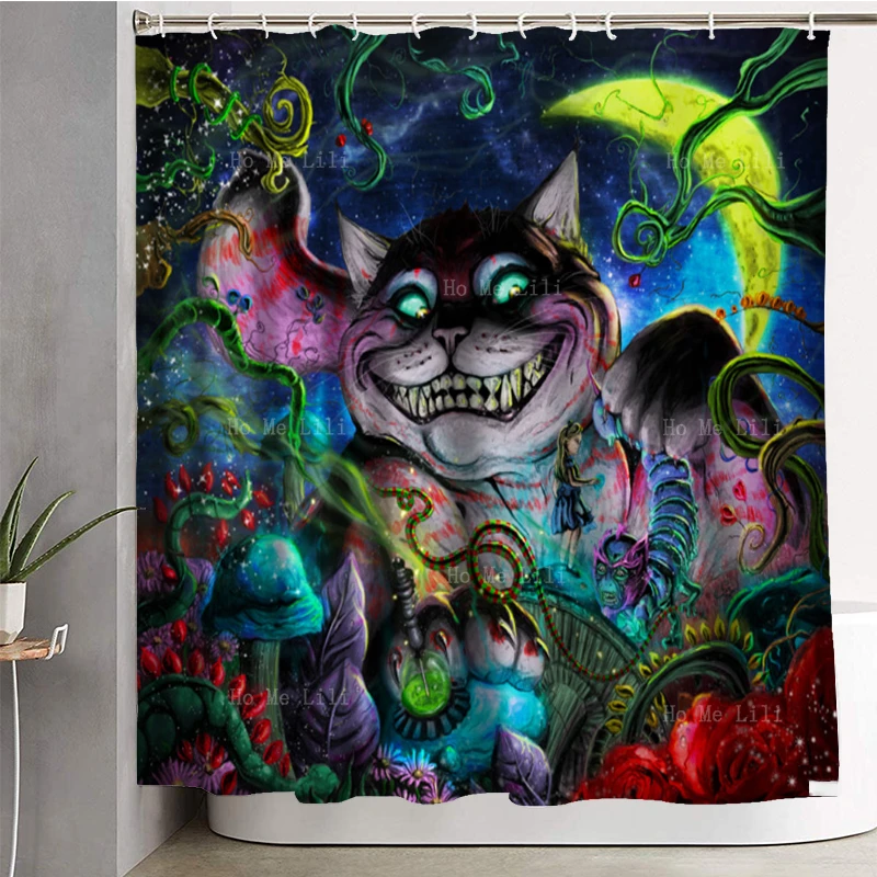 Smiling Cheshire Cat Wonderland Syndrome Fairy Tale Dark Alice Fantasy Halloween Art Shower Curtains For Chirldren With Hooks