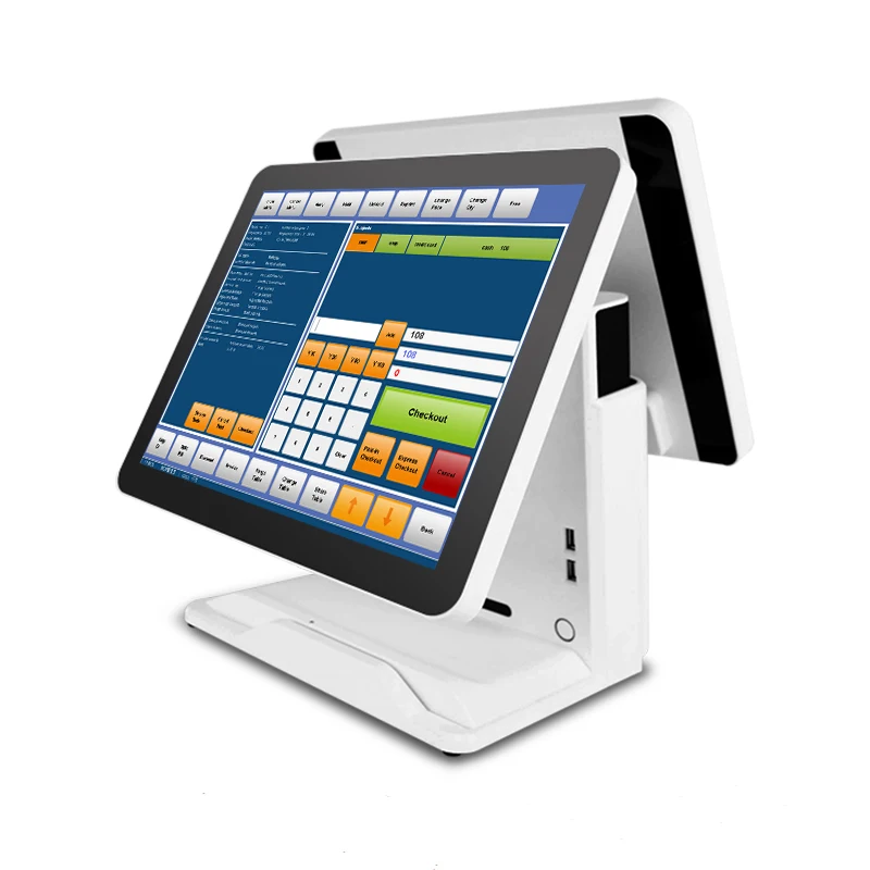 Factory sales POS system for restaurants dual screen 15+15 flat screen 4G/64G  POS terminal computer desktop cash register