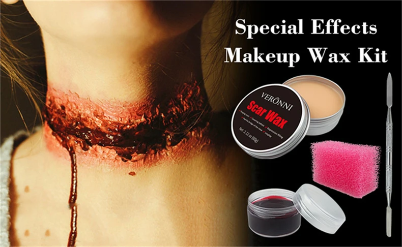 SFX Makeup Kit Narbenwachs Halloween Spezialeffekte Bühne Fake Wunde Hautwachs mit Spatel Stipple Schwamm Fake Wood Special – Detail 1