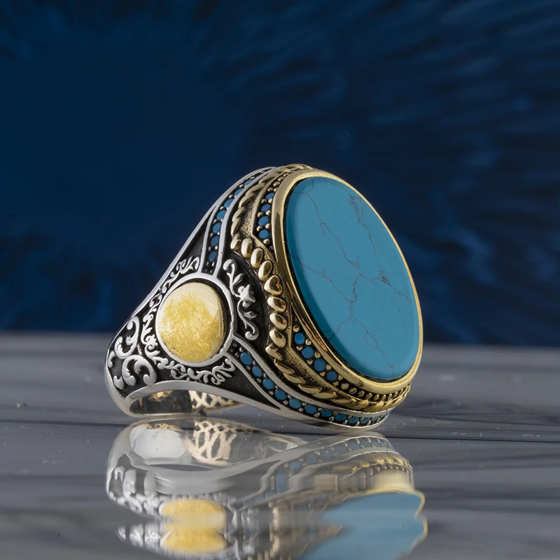 

925 Sterling Silver Zircon / Firuz turquoise Stone ring Jewelry Made in Turkey in a luxurious way for men with gift Black Blue