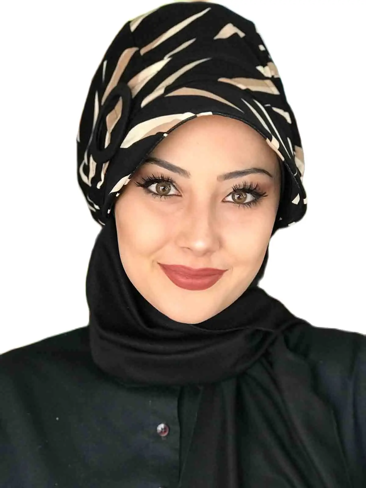 New Fashion 2021 Islamic Headscarf Turban Woman's Hat Spring Summer Scarf Black Beige Striped Buckle Passionflower Black Scarf