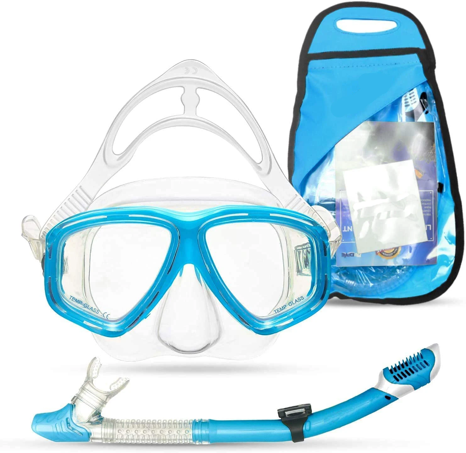 Antifog Snorkel Mask Set Snorkeling Gear Dry Snorkel Set and Mask General Kid Adult Anti Fog 180 Degree Seaview with Carry Bag