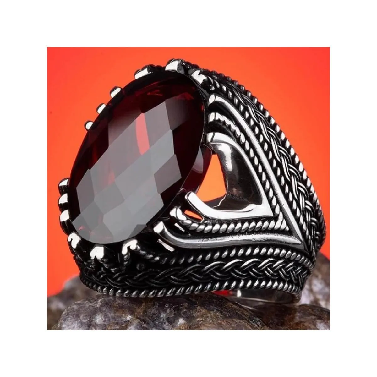 925 Sterling Silver Elegant Model Red Zircon Stone Modern Men' Ring Exclusive Chic Accessory for Men Special Ring