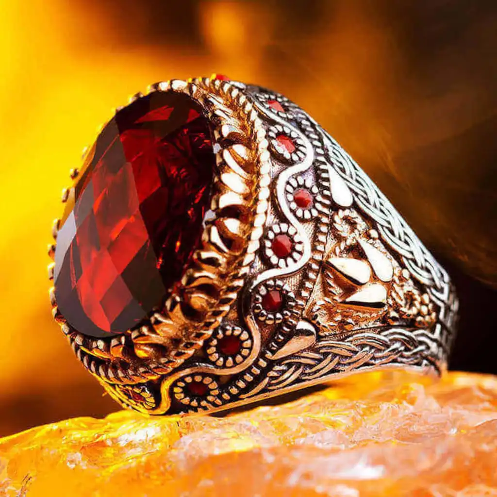 Ottoman Style Real 925 Sterling Silver Ring For Men Red Natural Zircon Stone Jewelry Fashion Vintage Handmade .