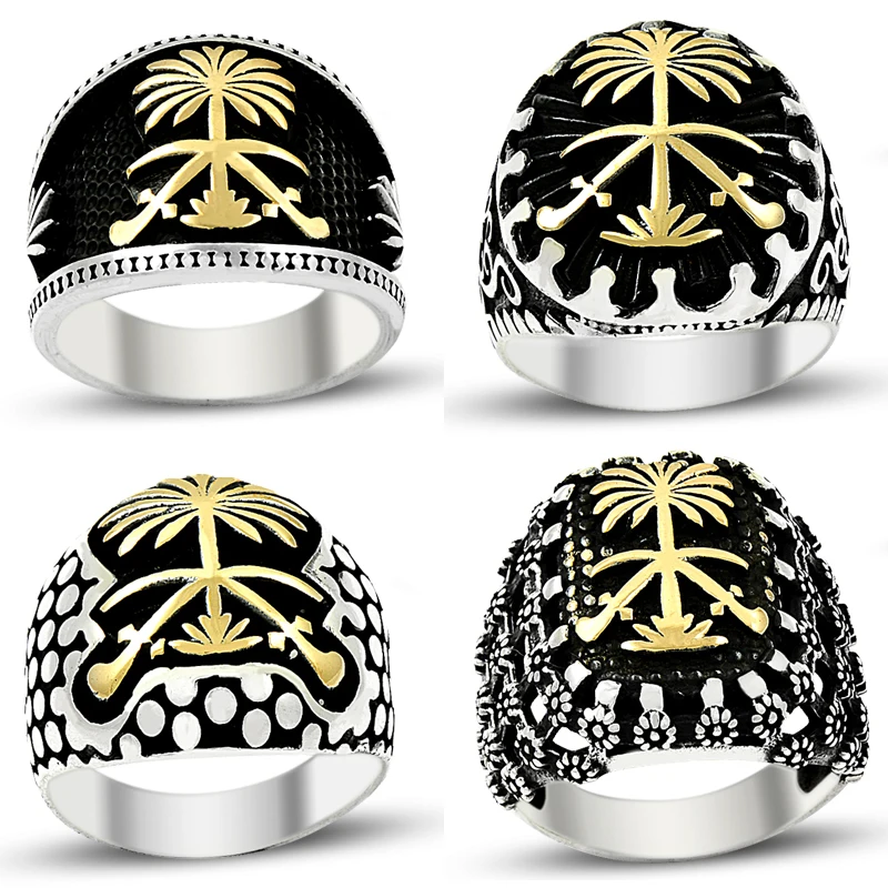 New Saudi Arabia Flag Silver Ring for Men Double Sword Statement Boho Man Rings Palm Tree Vintage Islamic Trendy Turkish Design