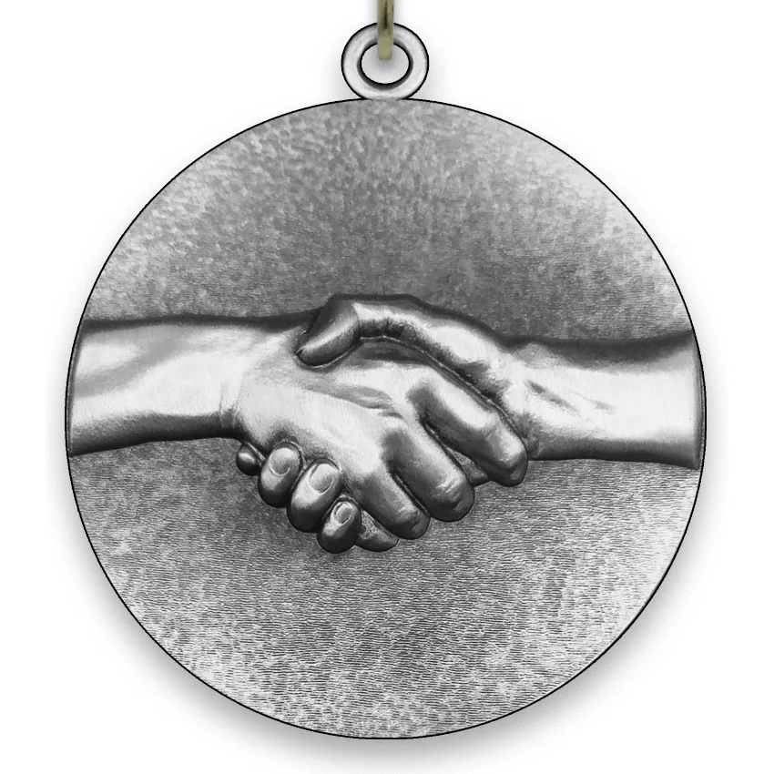 Large Metal Handxhake Silver Medal - 6,4 cm - with Neck Ribbon size 2.2cm x 80 cm, Choice of Ribbon Colours.