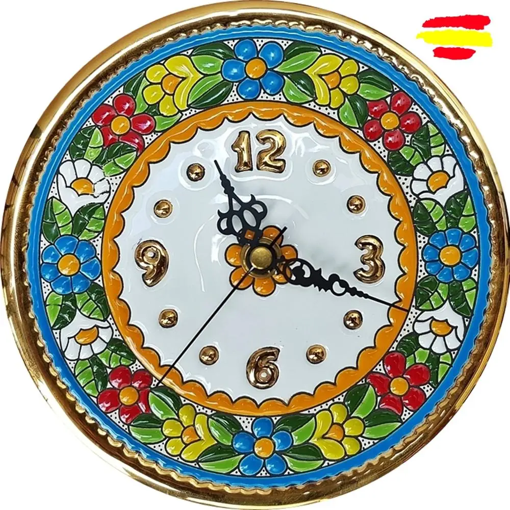 Spanish high ceramic watch 17 cm/6,7 inch enamelled diameter made to mano-24k from oro-arte-home and decoration