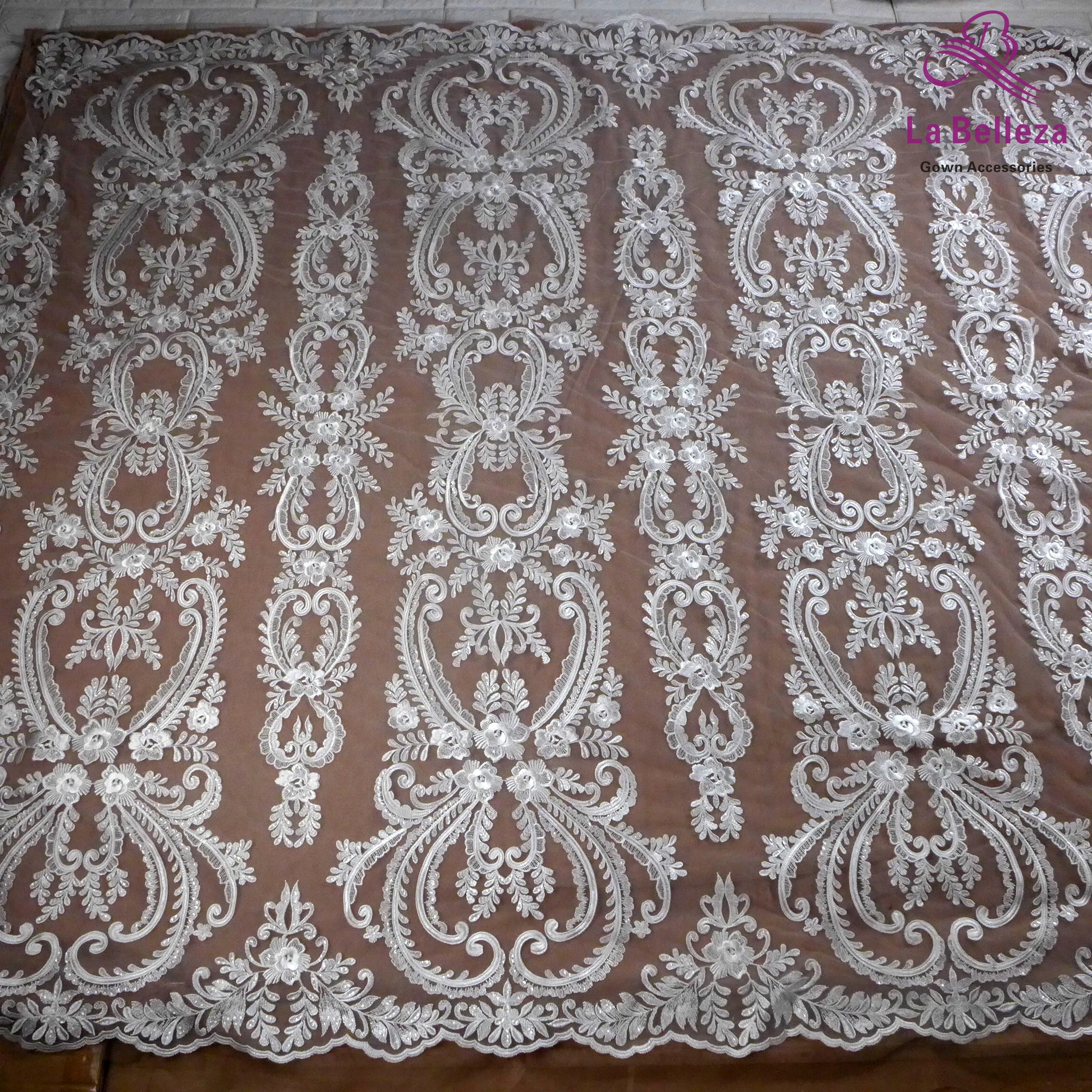 La Belleza new lace fabric,heavy embroidery bridal lace fabric,rayon with clear sequins large patterns lace fabric 1 yard