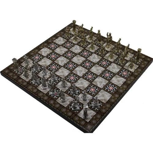 Metal Roma Chess Set And Mother-of-Pearl Board Small Size Queen's Gambit