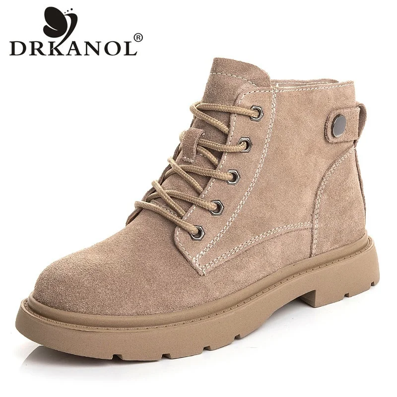 DRKANOL New Women Genuine Leather Boots Autumn Winter Flat Heel Ankle Boots Women Casual Warm shoes Motorcycle Short Boots Lady