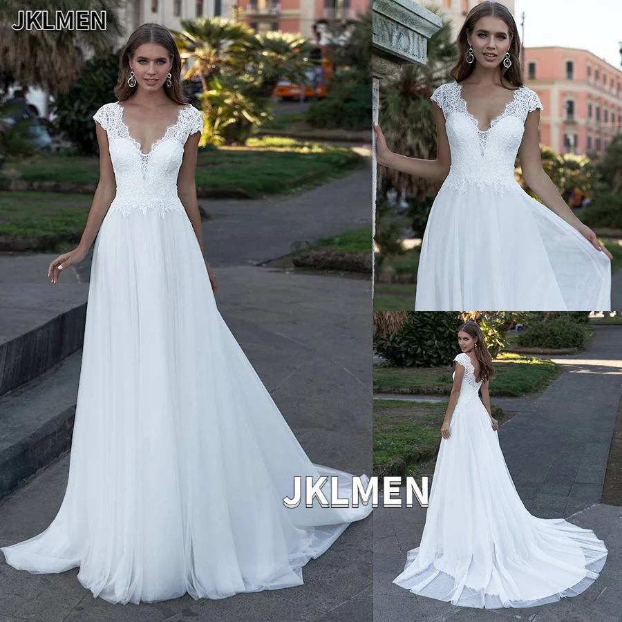 2021 Bohemian Trouwjurk V-hals Kapmouwtjes A-lijn Boho Eenvoudige Bruidsjurken Vestido De Noiva Bridal Party Strand Jurk