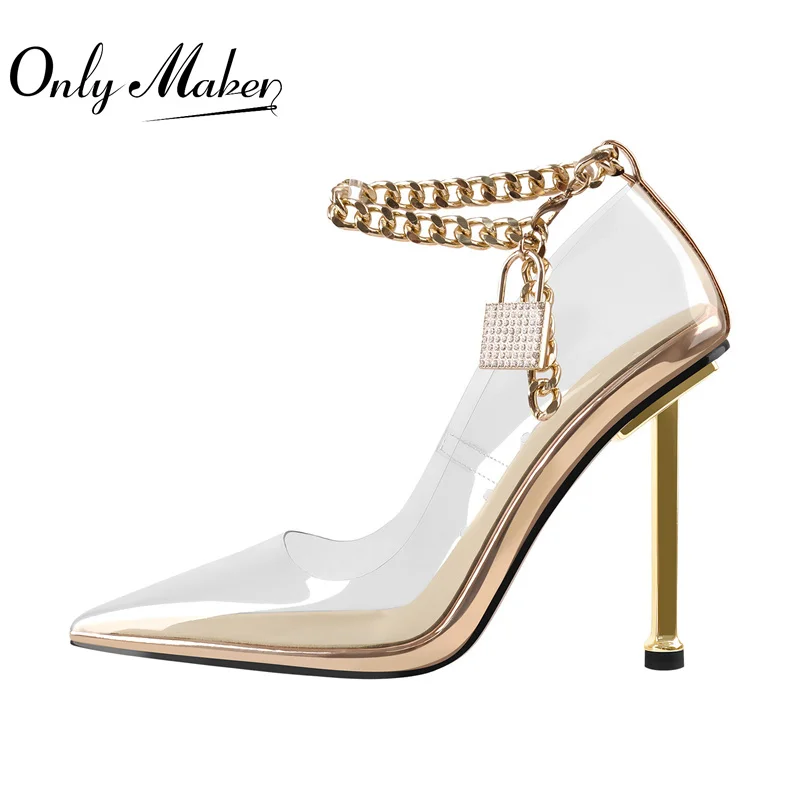 Onlymaker Brand  Women  Big Size Pointed Toe Metal Thin High Heel Pumps Metal Decoration PVC Summer Dress Party Sandals