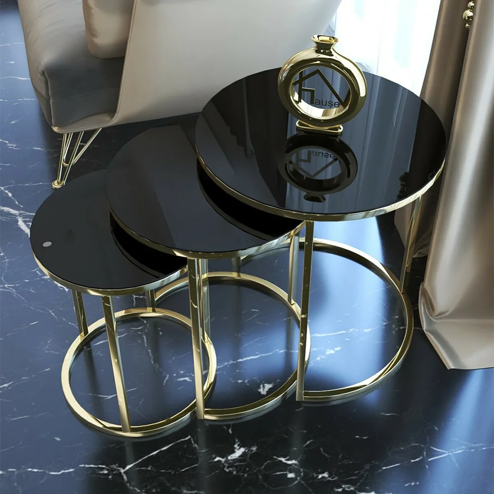 3 Pcs Gold Metal Nesting Table, Tea Coffee Service Table Round Living Room Nightstand, Nesting Table - Unbreakable Glass