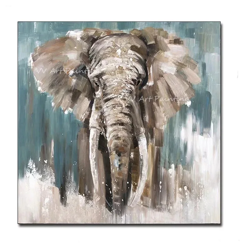 Original Hand-Painted Heavy Impasto Elephant Oil Art, Teal Grey Splash Wildlife Textured Painting, Modern Safari Home Decor