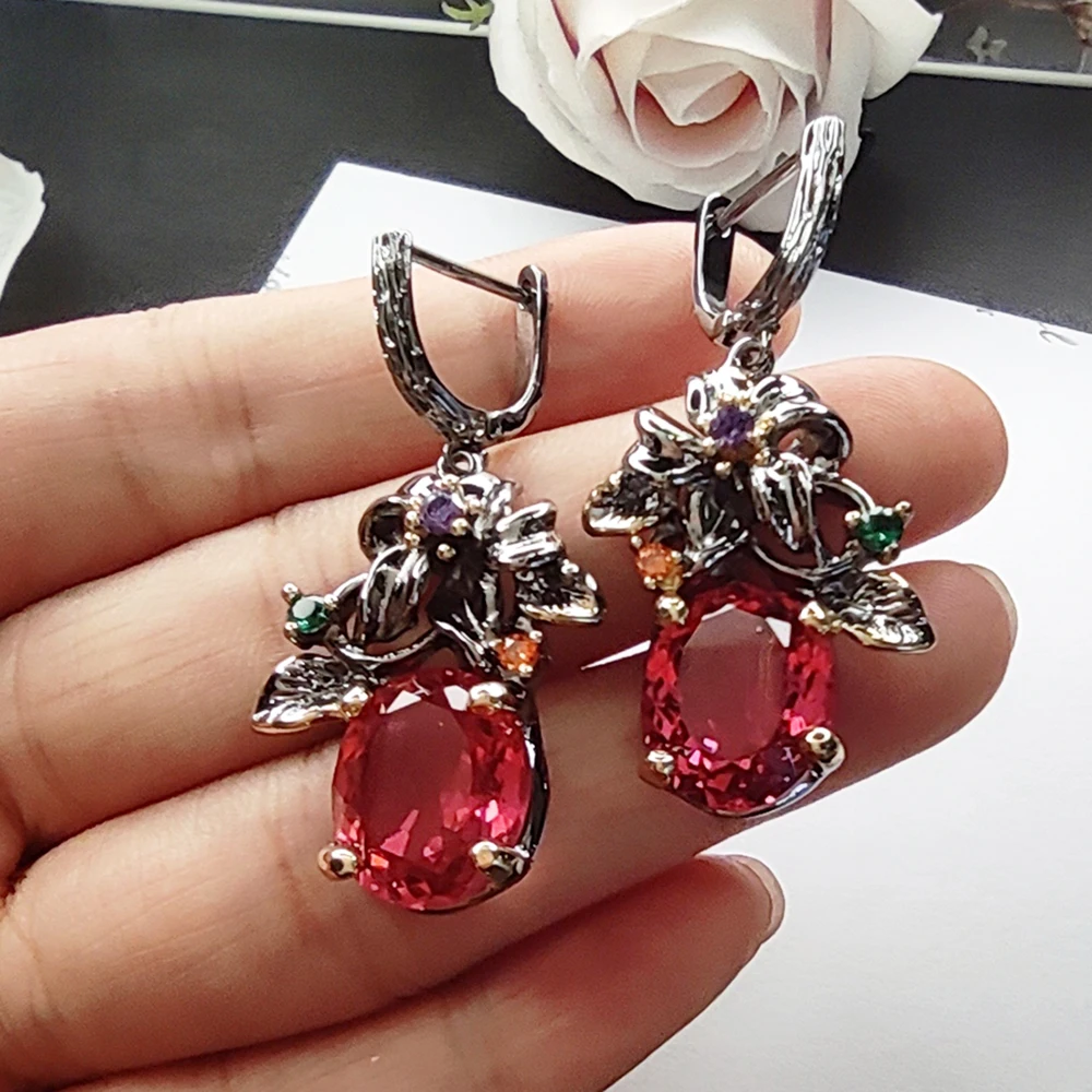 Pretty Flower Vintage Dangle Earring Big Oval Fuchsia/Purple Zircon 2 Tone Plate Jewellery Nice Drop Earrings