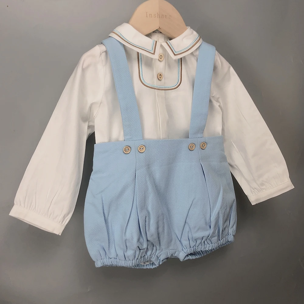 2Pcs Children Boutique Clothing Baby Boy Blue Set Cotton Long Sleeves Shirt And Straps Shorts Baptism Set Eid Clothes FD82203910