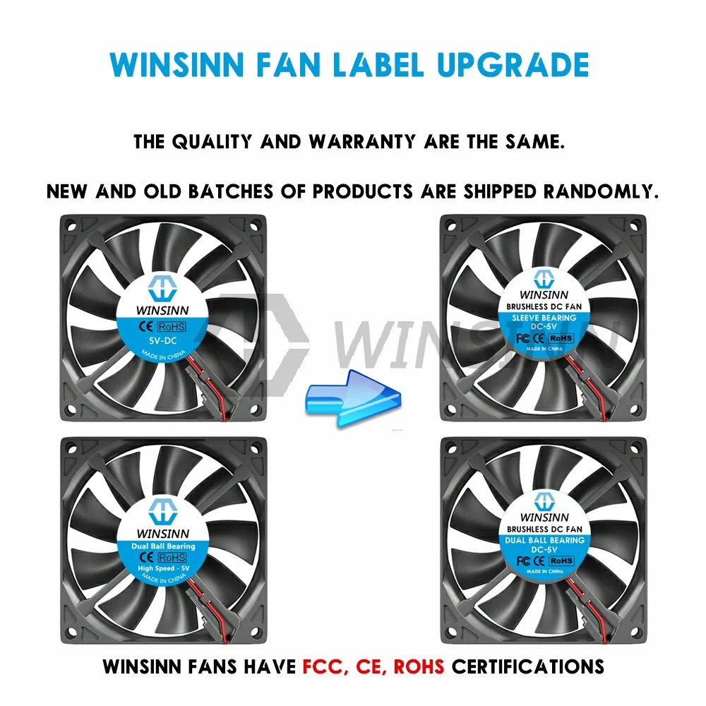 WINSINN 8015 80mm Fan DC 5V 12V 24V Sleeve / Dual Ball Bearing Brushless Cooling 80x15mm 2PIN [2-Pack]