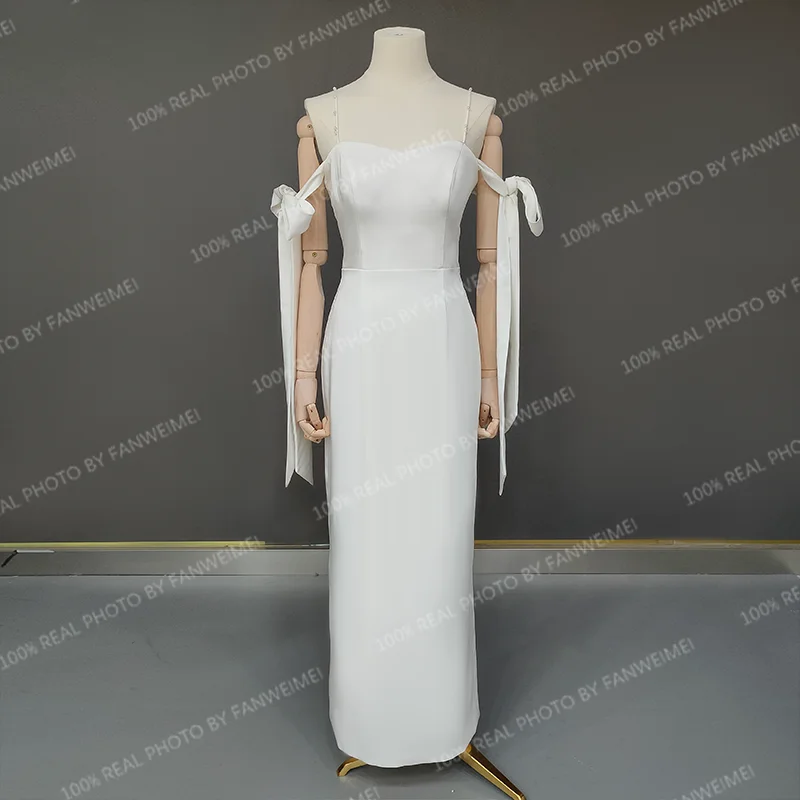 10812# Customized Gorgeous Off Shoulder Ankle Length Open Back Soft Satin Button Sheath Wedding Dress Bridal Gown Sweep Train