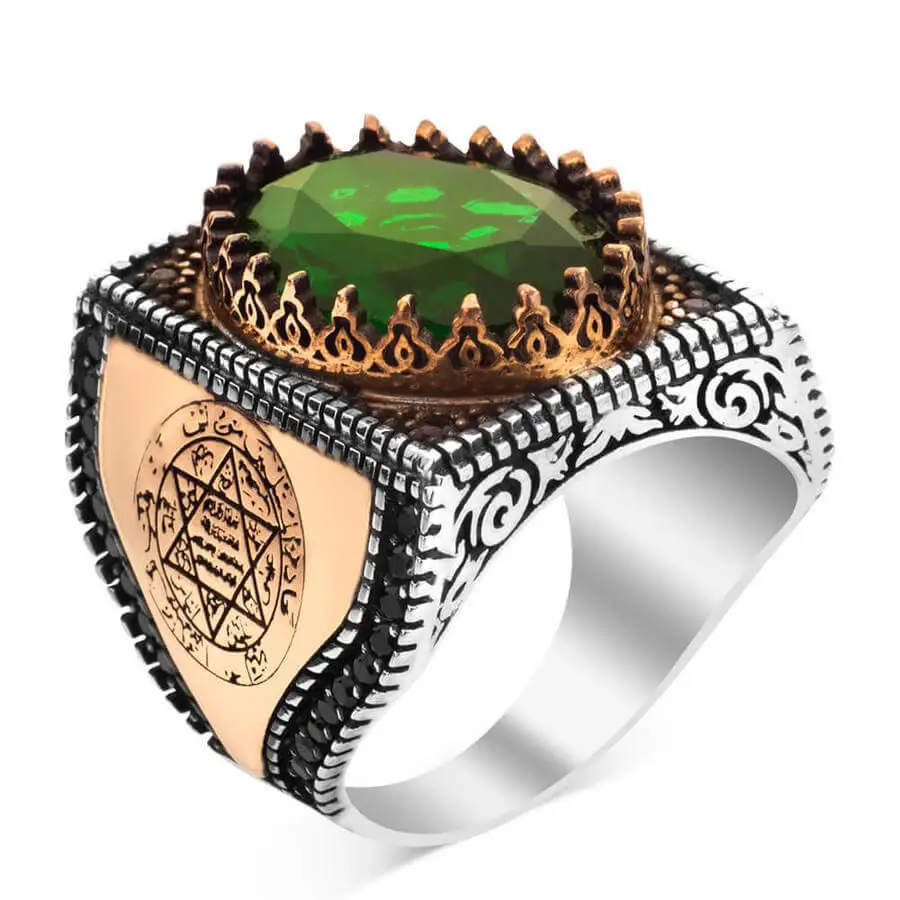 

Sterling Silver Seal of Solomon Ring with Green Zircon Stone Fashion Turkish Premium Quality Handmade Jawelery