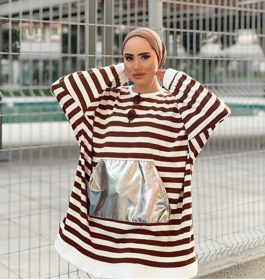 Muslim hijab dress Pocket Detaied Striped Sweat Muslim hijap Muslim women clothes Women\'s Dresses turkey Hijap Autumn dress