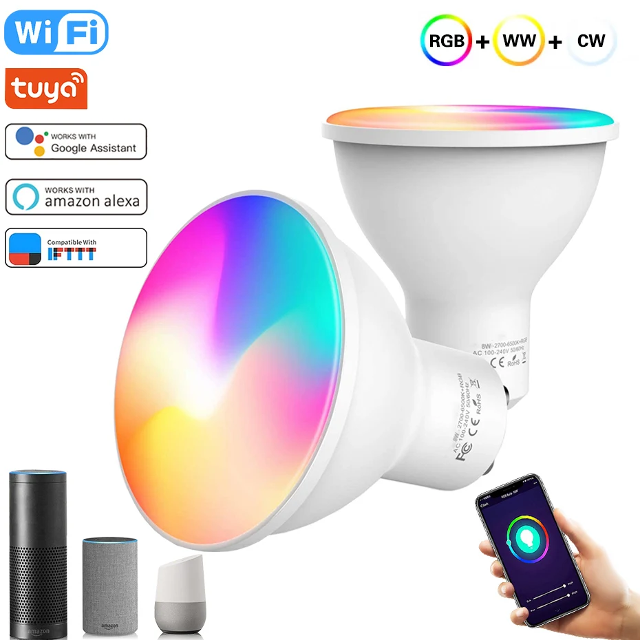 LED Bulb GU10 Spotlight 8W RGB Dimmable Lamp RGBW RGBWW Lights IR Remote / Tuya Smart Wifi Control Work With Alexa For Home