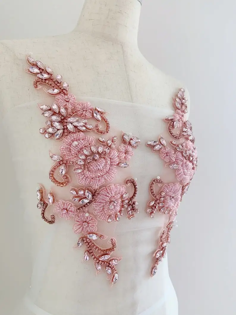 

Pink French Rhinestone Applique Handcrafted Crystal Bodice Patch With 3d Flowers