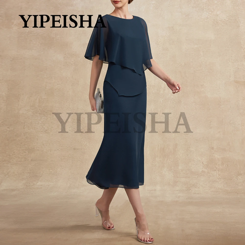 Simple Short Sleeve Navy Blue Mother Of The Bride Dresses Tea-Length Chiffon Wedding Guest Gown vestidos para madre de novia