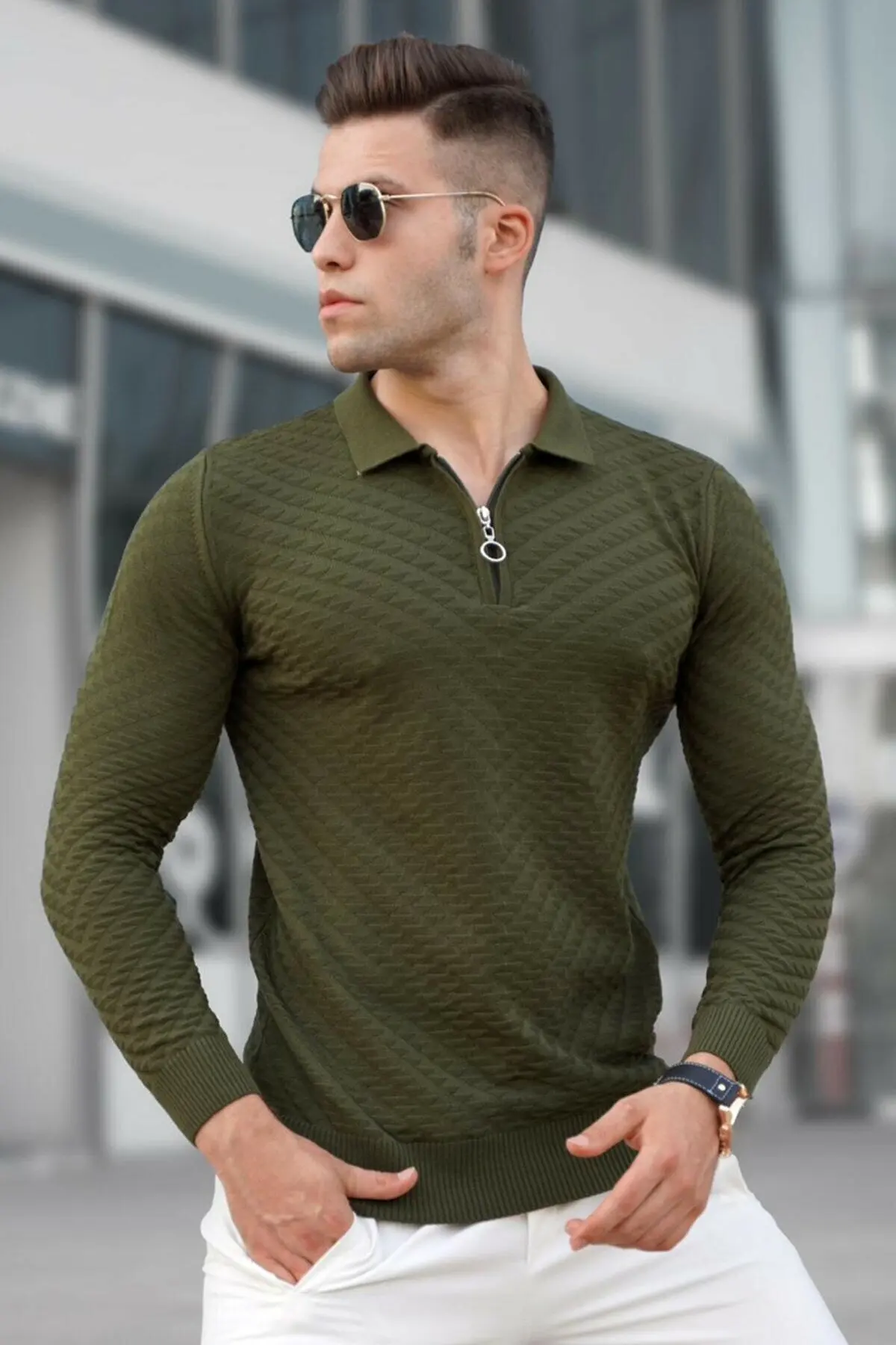 

Khaki Zippered Knitwear Men Pullover Sweatshirt Cotton Polyester Fabric Stylish Design 2021 Winter Season Quality Madmext Brand