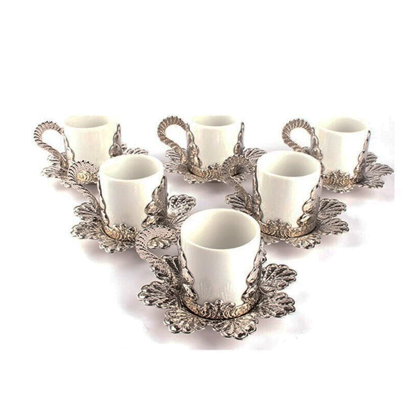 Set 6 Person Turkish Greek Arabic Coffee Espresso Cup Saucer Cup Holder Gold Silver Ottoman Design High Quality Zamac Porcelain