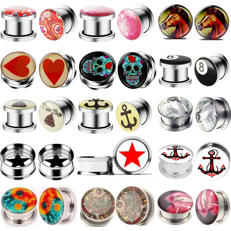 1pair Stainless Steel Yinyang Ear Plug 3-20mm Skull Ear Gauge Plug Saddle Flesh Heart Oreja Dilataciones