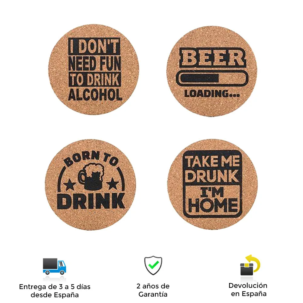 Set of 4 Beer coasters, original, funny, decorative, Cork, drink, party, friends, celebration, practical, cleaning, coasters, original Coasters