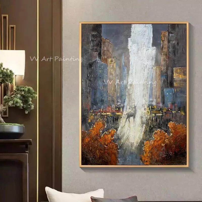 Hand-Painted Impasto Cityscape Oil Painting, Palette Knife Urban Deer Canvas Art, Surreal Modern Vertical Textured Wall Decor