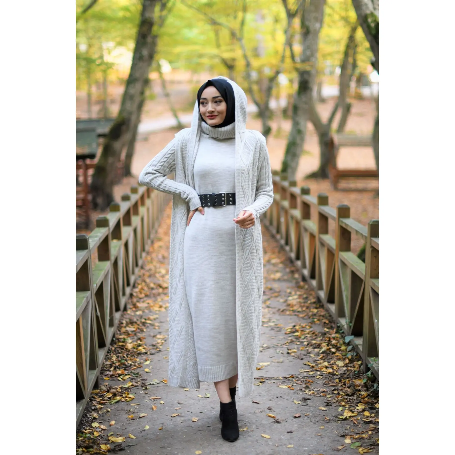 2 Piece Women\'s Knitted Set Turtleneck Maxi Dress and Hooded Maxi Knitted Cardigan Embroidery Pattern Knitwear Muslim Fashion