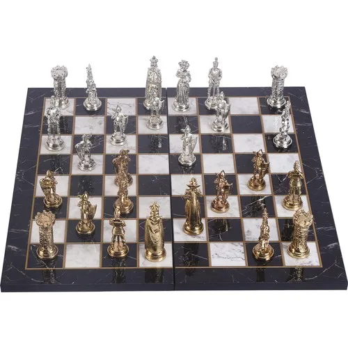 Large Size Metal English Chess Set Polished And Folding Marble Pattern Board