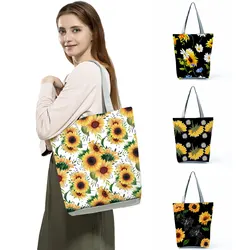 Sunflower Floral Fashion Printed Handbags Outdoor Eco Friendly Women Shoulder Bag High Capacity Portable Foldable Shopping Bag