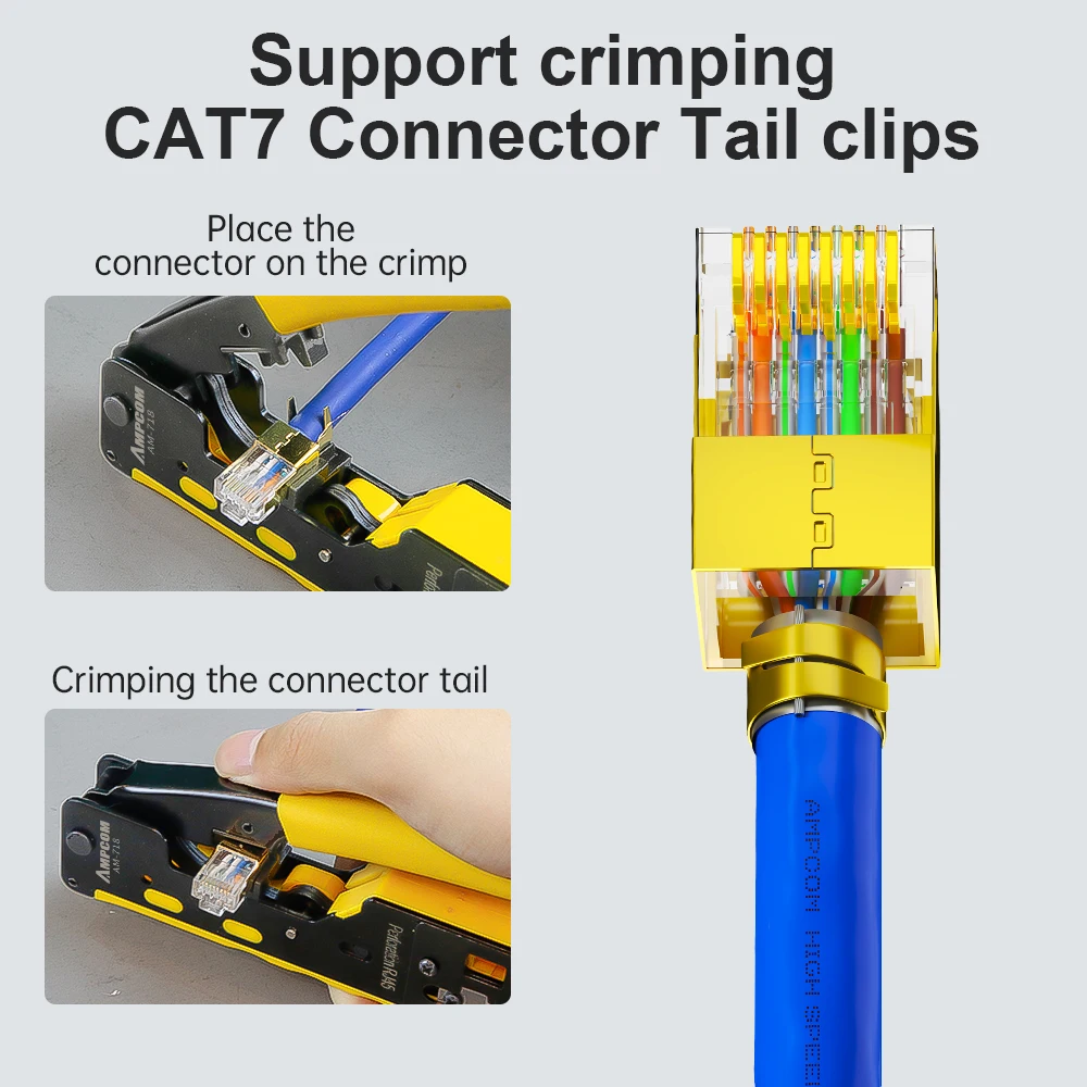 Ampcom rj45rj11パススルー圧着工具 (cat7/6a cat6/5用) イーサネットモジュラーコネクタコネクタ (ストリッパーおよびスペアブレード付き)