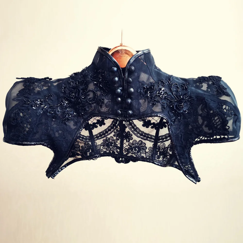 Annzley Gothic Halloween Constumes Black Lace Handmade Vest Small Shawl Coat Beads Embroidered 2020