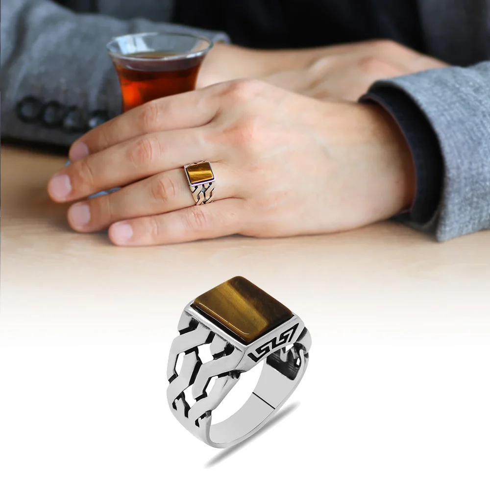 

925 Sterling Silver Ring for Men Tiger Stone Jewelry Fashion Vintage Gift Onyx Aqeq Mens Rings All Size