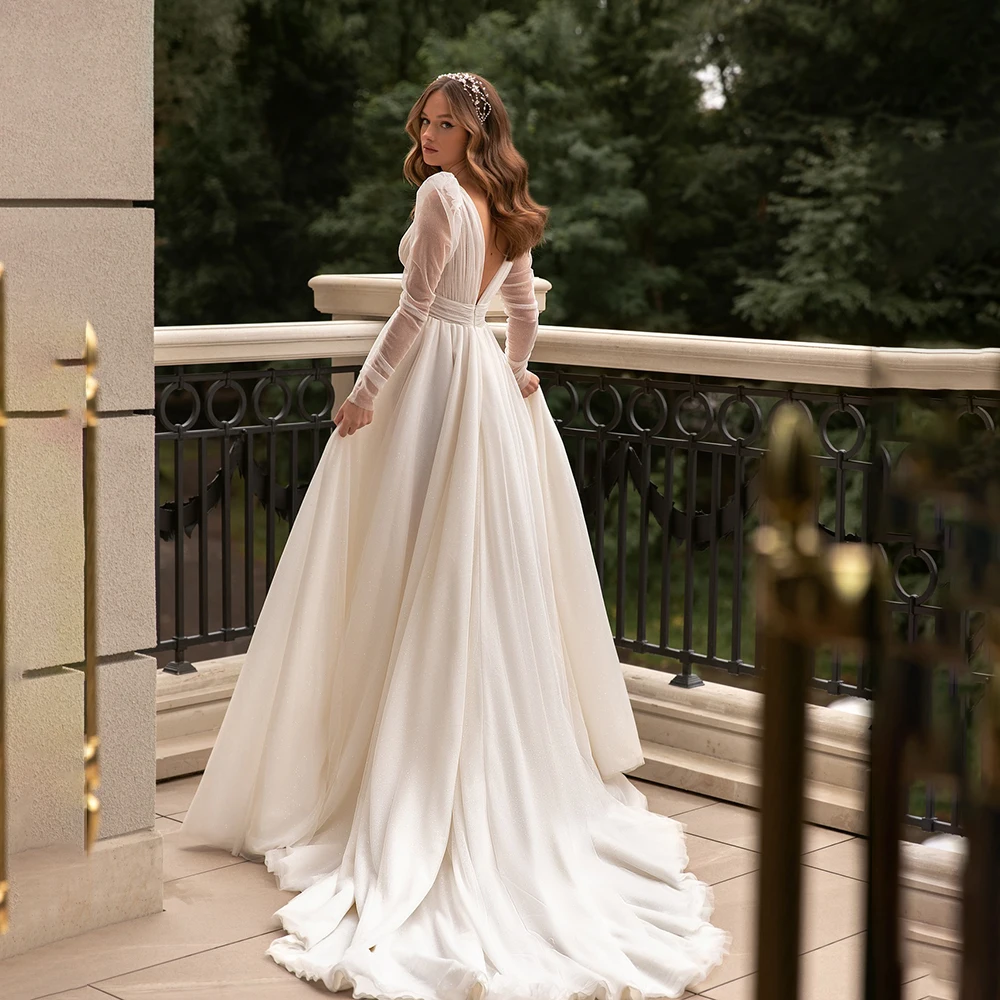 Vestido de novia de manga larga de obispo, tul brillante, gasa fruncida con cuello en V, línea A, botones divididos, sin espalda