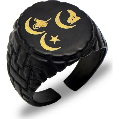 Apptakı Matte Black Three Crescent Ring-YÜZ0107ottoman padisah Islamic turk turkiye ARAB DUBAI TRADITIONAL Anatolia idealistic mhp