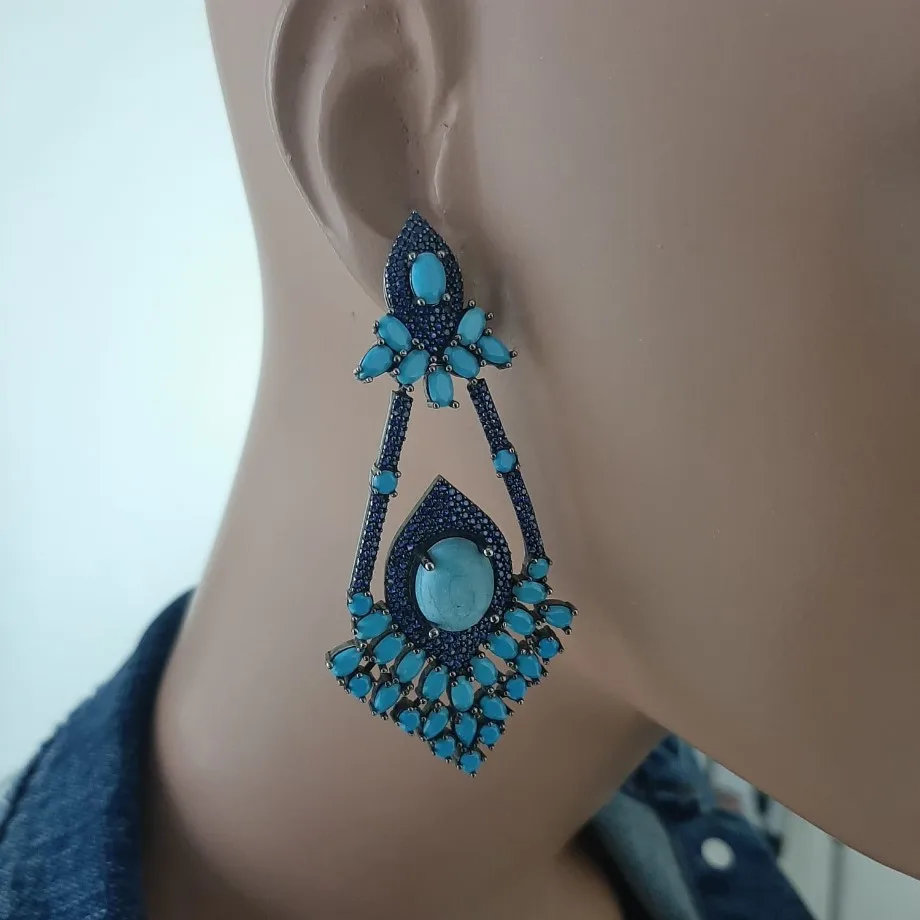 925 Sterling Silver Earrings Blue Stone Statement Long Big Boho Cute Dangle Stud Earrings серьги с камнями 925