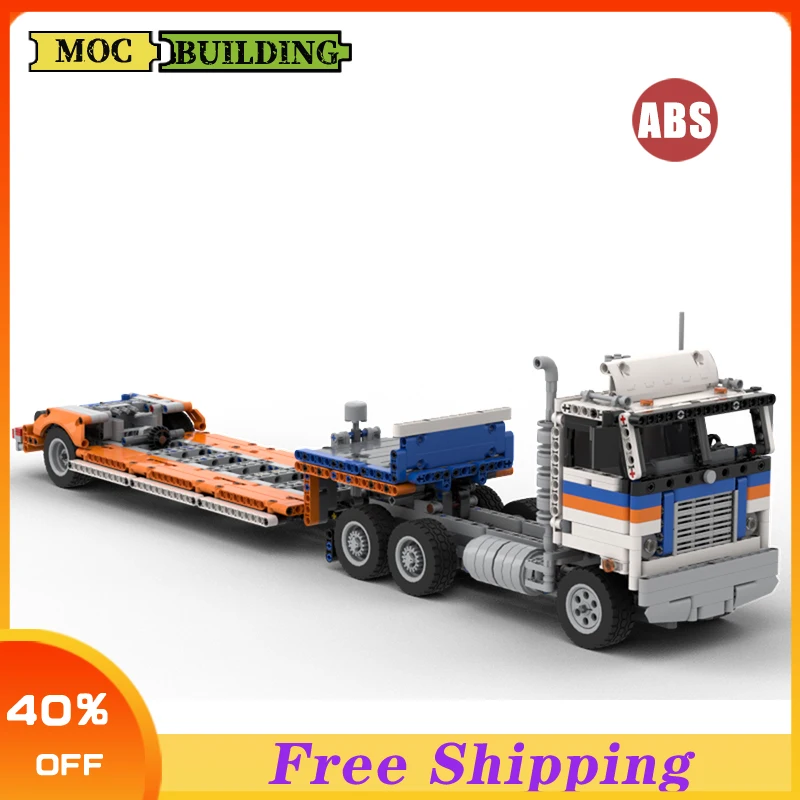 Строительные блоки Moc, конструктор, полугрузовик с прицепом Lowboy, транспортное средство, модель машины для мальчиков, игрушка, подарок на день рождения