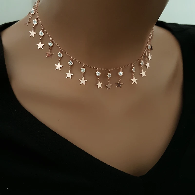 Star Choker Drop 925 Silver Rhinestone Necklace Dainty Neckalce Daily Necklace